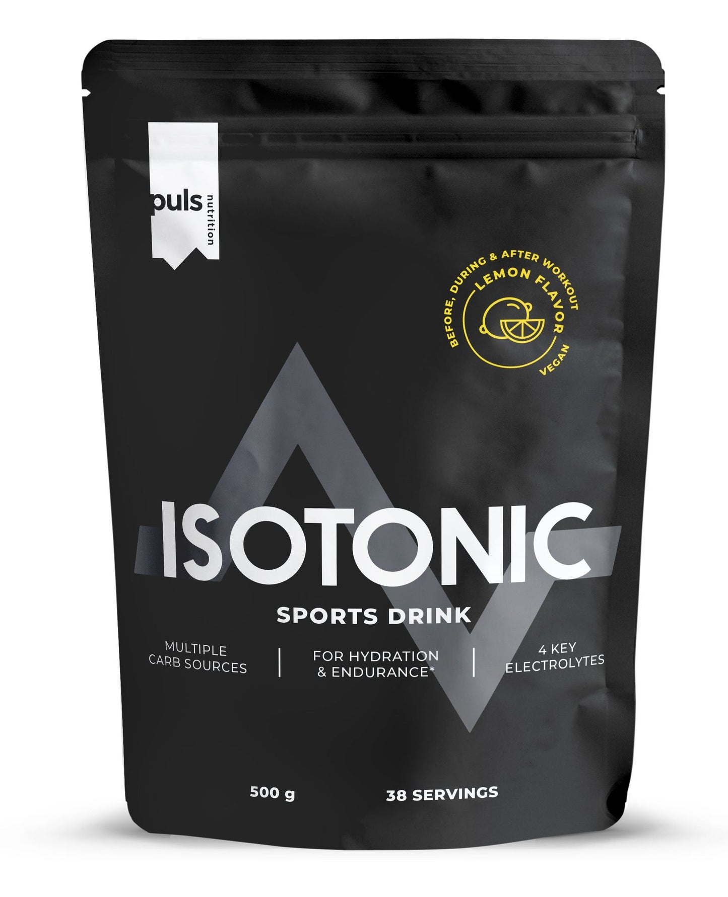 A black 500g pouch with a matte finish, rectangular in shape, labeled Isotonic Sports Drink, Lemon Flavor. The front label includes simple icons for hydration, electrolytes, endurance, and indicates 38 servings. Typography is bold and sans-serif. The packaging is photographed against a plain background with no people or additional props visible.