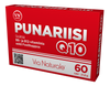 Punariisi Q10; punainen suorakaiteen muotoinen pahvirasia tekstillä ”PUNARIISI Q10 by Via Naturale”, mattapinta ja valkoista groteskitekstiä; etusivulla merkintä 60 tablettia, maininta koentsyymi Q10:stä, B6-, B12-vitamiinista ja foolihaposta sekä näkyvä QR-koodi; ei ihmisiä tai muita esineitä; tausta neutraali; rasia korostaa koentsyymi Q10:tä B6-, B12-vitamiinin ja foolihapon ohella valkoisella tekstillä ja QR-koodilla.