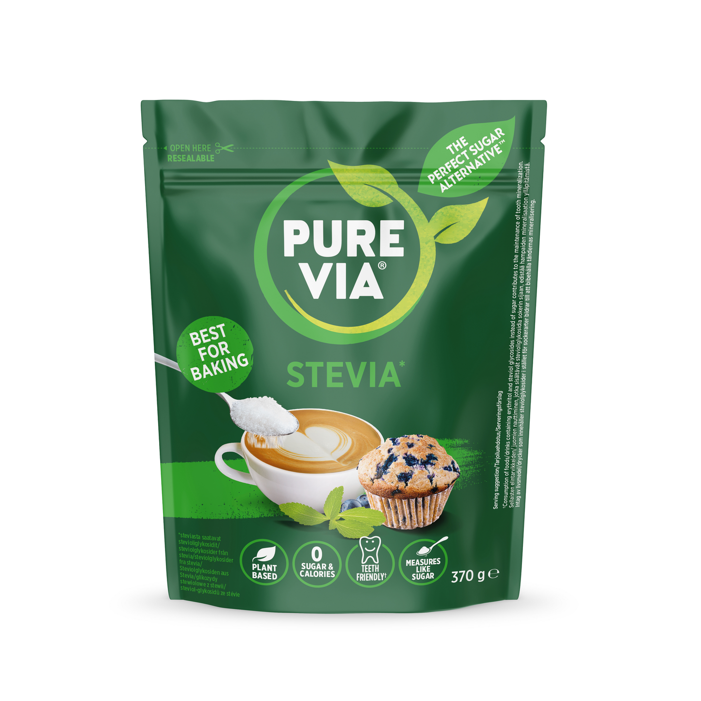 Pure Via Stevia; vihreä pakkaus, merkitty "Best for baking", kuvassa kahvikuppi lusikalla ja mustikkamuffini; kasviperäinen pakkaus korostaa 0 sokeria ja kaloreita, nettopaino 370 g; pakkaus on suorakulmainen ja mattapintainen, valko-keltaista tekstiä selkeällä groteskikirjasimella; valkoinen tausta, ei ihmisiä tai käsiä, kuva suoraan edestä tuotteesta.