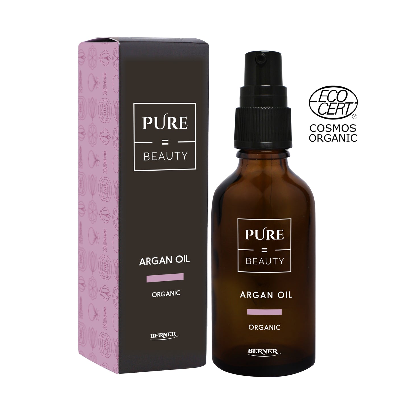 Pure=Beauty Arganöljy, ruskea pullo tekstillä "PURE = BEAUTY Argan Oil Organic" sopivan vaaleanpunaisen suorakaiteen muotoisen pakkauksen vieressä, molemmissa mattapinta; etiketin typografia lihavoitu ja groteskinen, valkoinen ja kultainen teksti pullossa; ECOCERT Cosmos Organic -logo ja luomusertifikaattisymbolit näkyvät pullon oikealla puolella; vaalea tausta, ei ihmisiä eikä käsiä, tuote keskitettynä suoraviivaisessa studiokuvassa.