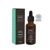 Pure=Beauty Hydra Booster, ruskea tippapullo tekstillä "Pure Beauty Hydra Booster" pakkauksensa vieressä turkoosin ja ruskean sävyin; pullo mattapintainen valkoisella tippakorkilla; pakkaus suorakaiteen muotoinen selkeällä typografialla ja mattapinnalla; oikealla ECOCERT Cosmos Organic -tunnusmerkki; tausta yksinkertainen studiokuva tasaisella valaistuksella, ei ihmisiä eikä käsiä näkyvissä.