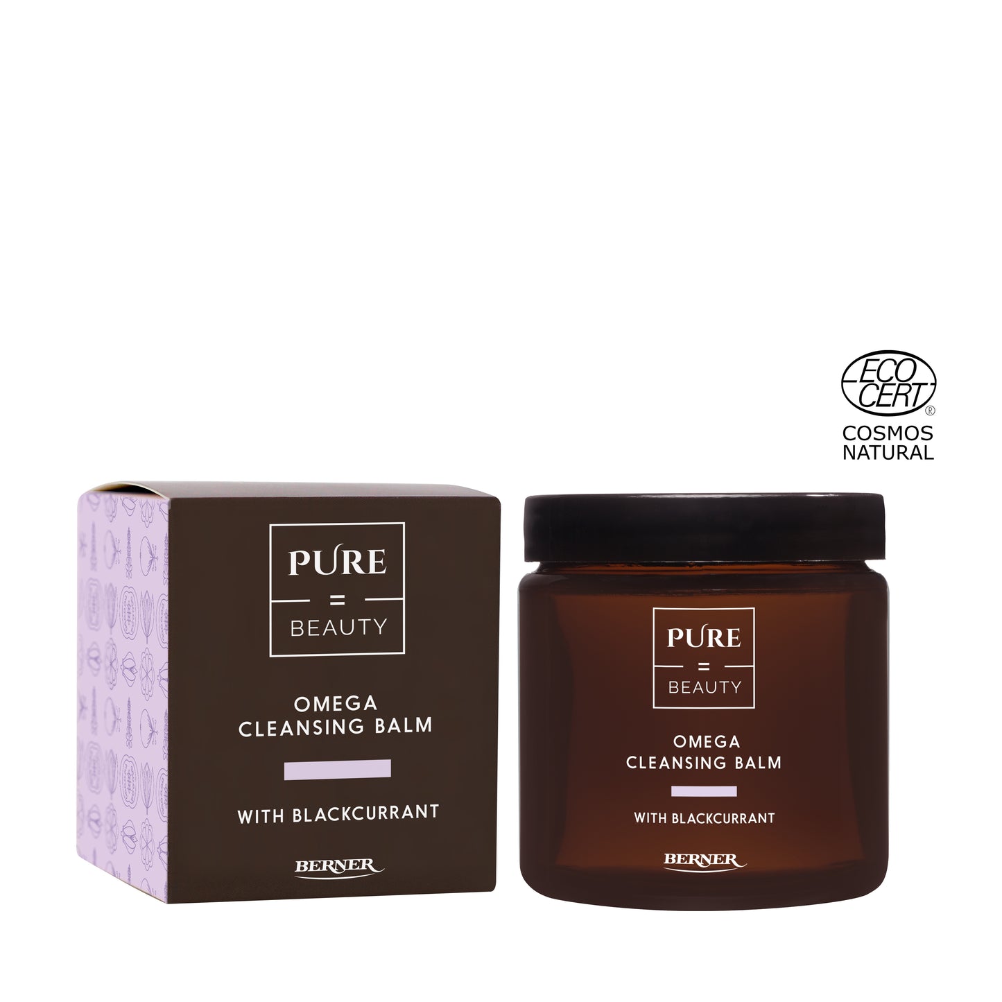 Pure=Beauty Omega Cleansing Balm, ruskea mustaherukkabalsamipurkki pakkauksensa vieressä; purkki sylinterimäinen, mattapintainen ja kierrekantinen; sekä purkissa että suorakaiteen muotoisessa pakkauksessa painetut etiketit valkoisella groteskitekstillä; kuvan oikeassa yläkulmassa Ecocert Cosmos Natural -logo; tausta neutraali, tuote keskitetty, ei ihmisiä eikä käsiä näkyvissä.