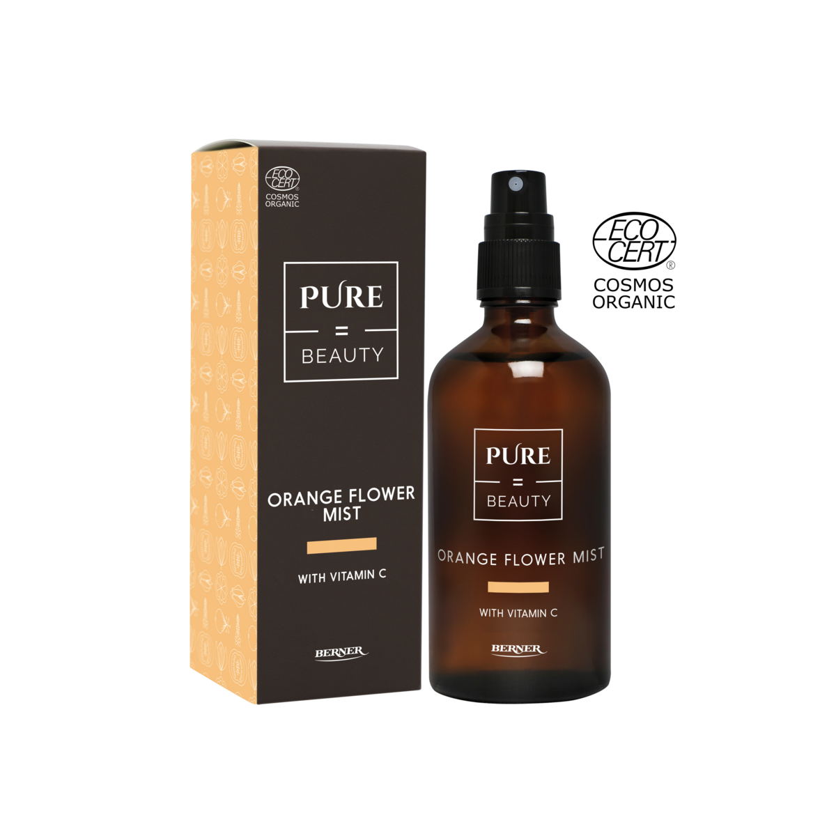 Pure=Beauty Orange Flower Mist, C-vitamiinia sisältävä sumutepullo ruskeaa muovia, pystyssä suorakaiteen muotoisen pahvipakkauksen vieressä; molemmissa valkoisia ja kultaisia korostuksia sekä mattapinta; typografia moderni ja groteskinen, pääosin valkoinen teksti tummalla pohjalla; EcoCert Cosmos Organic -sertifikaattilogo selvästi näkyvissä; tausta neutraali, ei ihmisiä eikä muita esineitä näkyvissä.