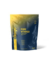 Sininen ja keltainen uudelleensuljettava Vitargo Pure -hiilihydraattivalmistepussi, 750 g, jossa on kuvakkeet käytöstä ennen liikuntaa, sen aikana ja jälkeen energian ja kestävyyden tueksi. Pussi on mattapintainen, suorakulmainen, tasapohjainen ja seisoo pystyssä. Lihavoitu pääteviivaton typografia valkoisena ja keltaisena erottuu taustasta. Ihmisiä tai käsiä ei näy; tausta on valkoinen edestä kuvatussa tuotekuvassa.