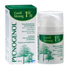 A box and bottle of Pycnogenol Geeli Strong 1% Maritime Pine Bark Extract Gel, 50 ml, with green and white packaging featuring tree illustrations, Finnish and English text, and the benefits of pine bark extract. Both box and tube display sans serif typefaces. The background is plain white. Product stands upright; no people or hands in frame. Matte finish on both items. Wide product shot centered in image.