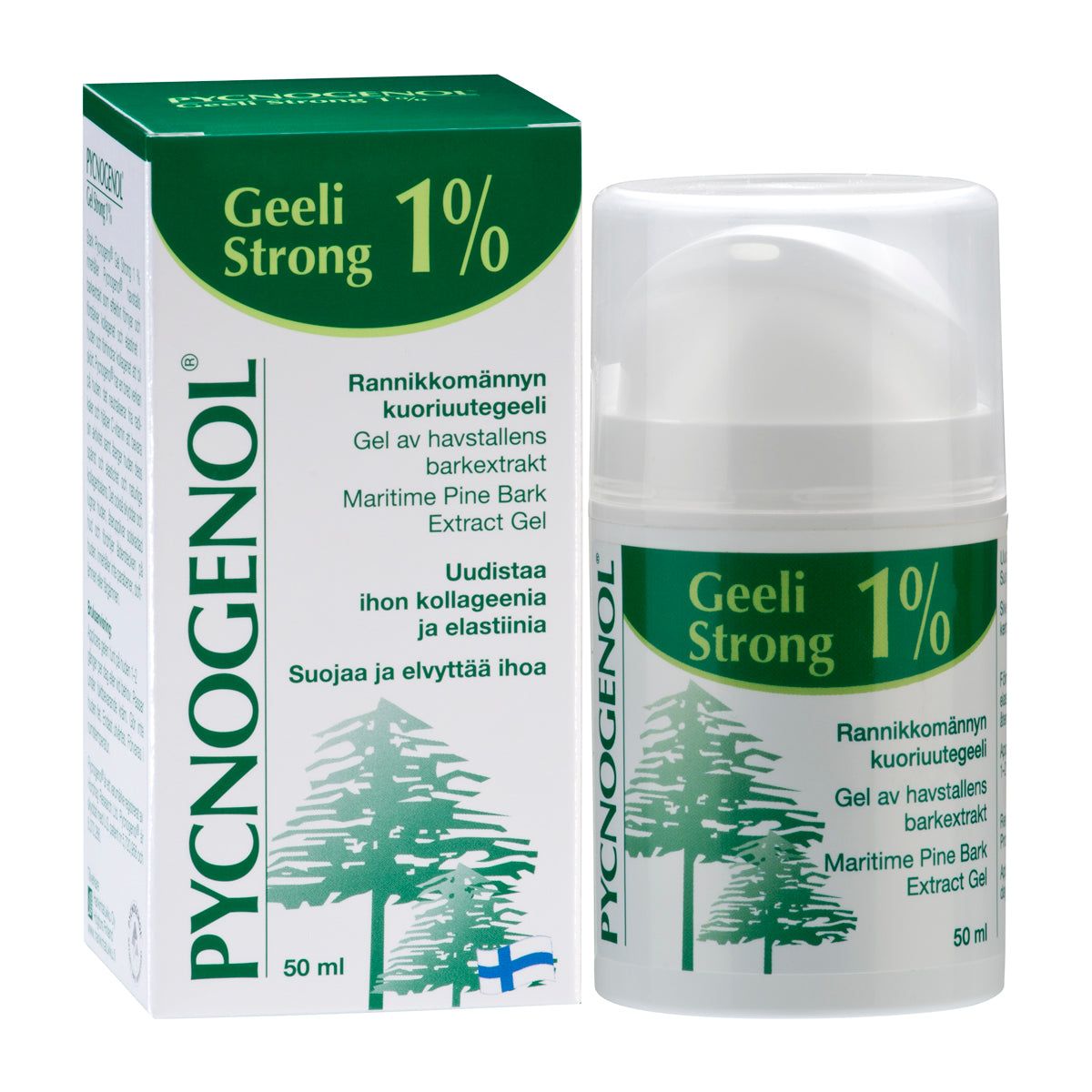 A box and bottle of Pycnogenol Geeli Strong 1% Maritime Pine Bark Extract Gel, 50 ml, with green and white packaging featuring tree illustrations, Finnish and English text, and the benefits of pine bark extract. Both box and tube display sans serif typefaces. The background is plain white. Product stands upright; no people or hands in frame. Matte finish on both items. Wide product shot centered in image.