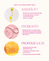 FLOW Cosmetics Propolis & Probiotics Rescue Cream; kolme osiota kuvineen: keltaisia öljypisaroita, vaaleanpunaista nestettä kuplineen ja hunajakennoa; suomenkielinen teksti lohkoina esittää kasviöljyjen, probioottien ja propolisuutteen hyötyjä ihon terveydelle sekä eettistä alkuperää; tausta valkoinen; ei ihmisiä tai käsiä; kaikki teksti groteskikirjasimella; kuva tasokuvana, kaikki osiot selkeästi näkyvissä.
