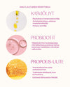 FLOW Cosmetics Propolis & Probiotics Rescue Cream; kolme osiota kuvineen: keltaisia öljypisaroita, vaaleanpunaista nestettä kuplineen ja hunajakennoa; suomenkielinen teksti lohkoina esittää kasviöljyjen, probioottien ja propolisuutteen hyötyjä ihon terveydelle sekä eettistä alkuperää; tausta valkoinen; ei ihmisiä tai käsiä; kaikki teksti groteskikirjasimella; kuva tasokuvana, kaikki osiot selkeästi näkyvissä.