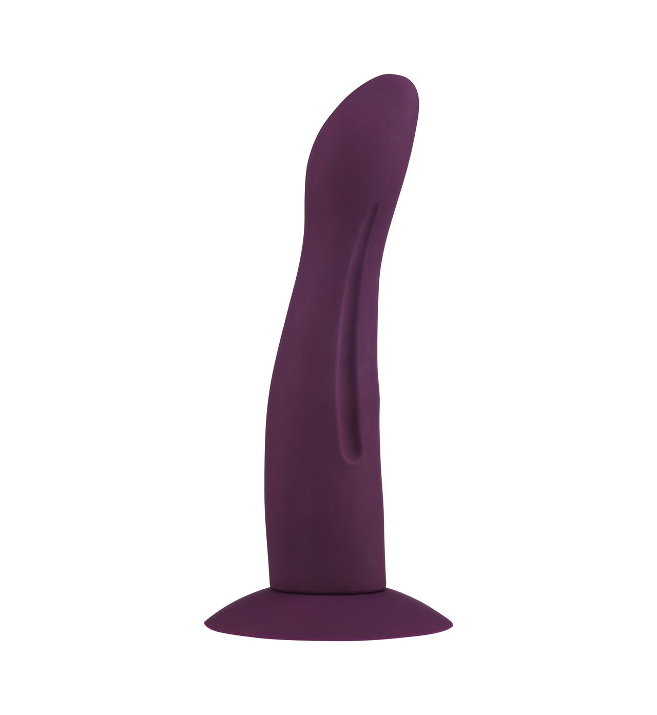 A purple silicone vibrator with a curved, smooth design and a flared suction base is shown on a white background. The surface appears matte, no packaging or text is visible, and there are no people or hands present. The product is the only object in the image, centered in a well-lit studio shot.
