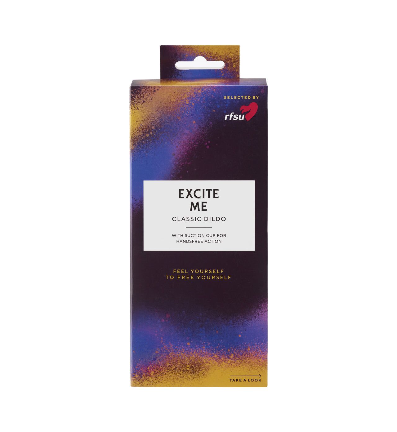 Box packaging for an RFSU Excite Me Classic Dildo showcases a colorful blue, orange, and purple design. Rectangular box with glossy finish, bold sans-serif typography for the product name, and legible text detailing the suction cup feature and tagline “Feel yourself to free yourself.” No visible people or hands; image is a product shot on a plain background.