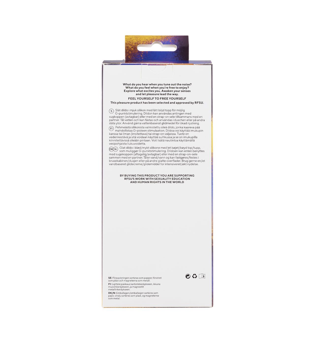 The back of a product box with text describing its sustainable features and support for human rights. The box is mostly white, rectangular, with several colorful accents at the top edge. Surface finish appears matte. Sans-serif black typography is used for the main information. No people or hands are visible. The background is plain and well-lit. Shot is taken straight-on to the back panel.