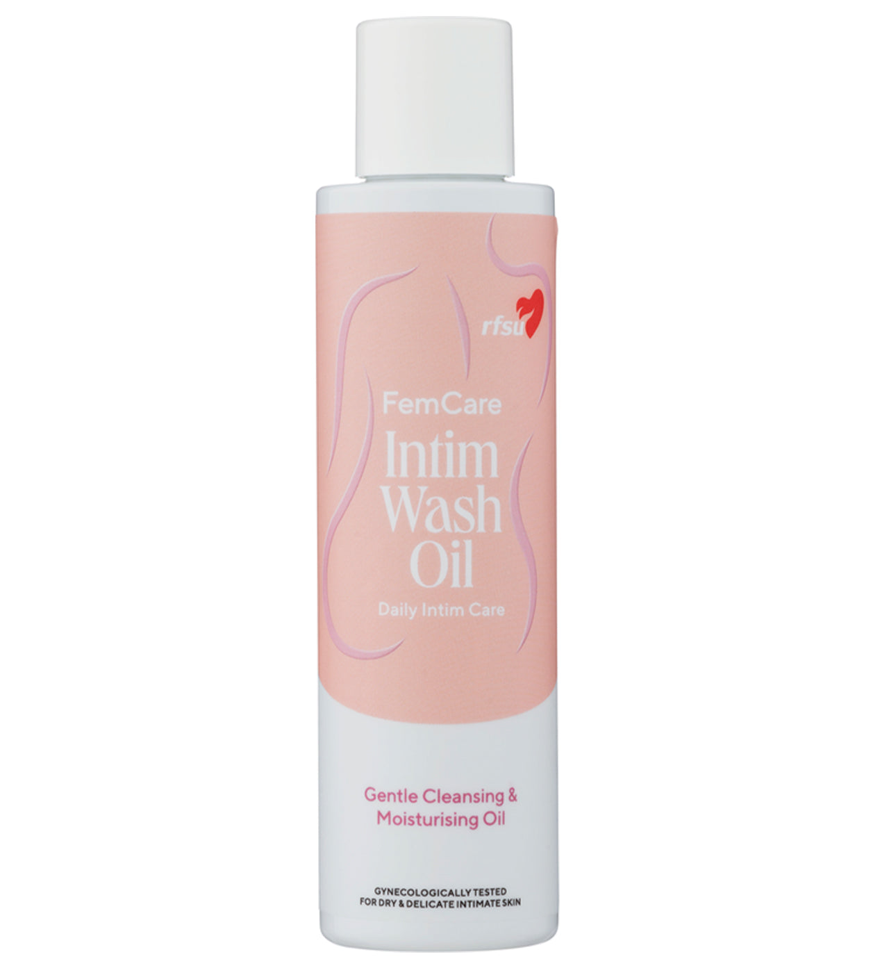 RFSU Intim Wash Oil: valkoinen pullo tekstillä "FemCare Intim Wash Oil" pinkillä etiketillä, kuvaus hellävaraisesta puhdistavasta ja kosteuttavasta öljystä päivittäiseen intiimihoitoon, sopii herkälle iholle; pullo on sylinterimäinen mattapinnalla valkoisella korkilla; etuosan teksti on yksinkertaista groteskikirjasinta valkoisella ja tummanharmaalla; studiotausta ilman ihmisiä tai rekvisiittaa.