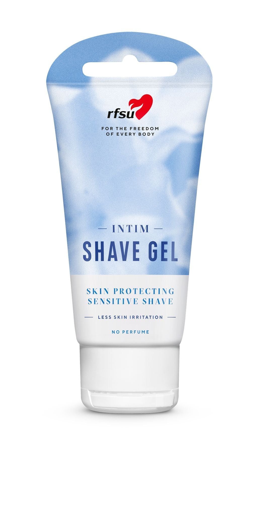 RFSU Intim Shave Gel; sininen ja valkoinen tuubi tekstillä ”INTIM SHAVE GEL”, tarkoitettu ihon suojaamiseen ja herkälle iholle sopivaan parranajoon, alaosassa merkintä ”NO PERFUME”; brändi rfsu tunnetaan hellävaraisesta ihonhoidosta; tuubi lieriömäinen valkoisella läppäkorkilla, sileää muovia puolikiiltävällä pinnalla; groteskitekstiä eri painoina sinisenä, mustana ja vaaleanpunaisena; tuote pystyssä neutraalia taustaa vasten, ei ihmisiä tai rekvisiittaa.