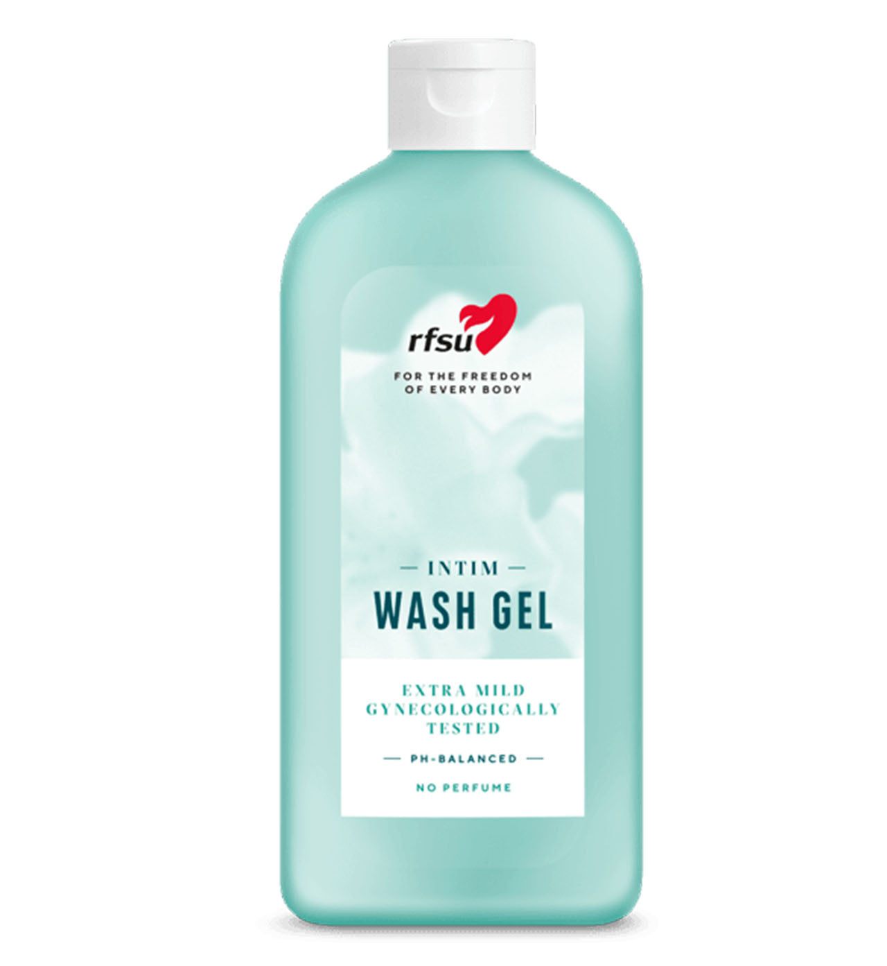 RFSU Intim Wash Gel; vaaleanturkoosi muovipullo RFSU Intim Wash Gel -tuotetta mattapinnalla ja valkoinen tasainen kierrekorkki; pullo lieriömäinen hieman pyöristetyin olkaosin; etiketissä groteskitekstiä valkoisena ja vaaleanpunaisena, mainitsee erittäin miedon koostumuksen, gynekologisesti testatun, pH-tasapainotetun ja hajusteettoman tuotteen herkälle iholle; tuote tasaisella valkoisella taustalla suoraan edestä.