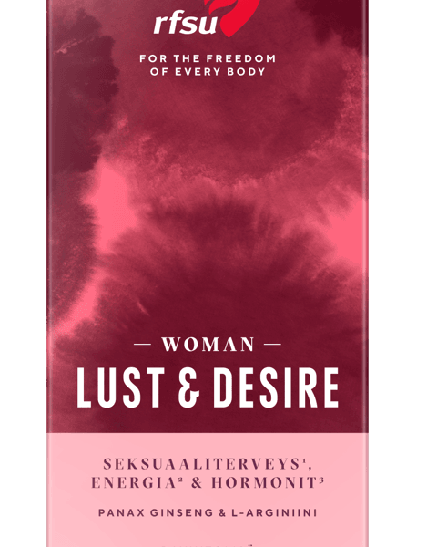 A product package labeled Woman Lust & Desire with a pink and red abstract background, featuring text about sexual health, energy, and hormones. The formula includes ingredients such as panax ginseng and L-arginine to support vitality and enhance desire. Rectangular box with a glossy finish; main colors are shades of pink and red. Sans-serif typography in bold white for the main title; smaller supporting text in varying weights. No people or hands visible, front-facing shot on a plain background.
