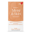 RFSU Moist & Skin: rasia RFSU:n FemCare Moist & Skin -ravintolisää, suomenkielinen teksti, erityisesti kehitetty naisille vaihdevuosien aikana ja jälkeen; pakkaus on suorakulmainen mattapintaista kartonkia oranssein ja valkoisin väripalkein; etiketissä tuotenimi, käyttötiedot ja ainesosaluettelo groteskikirjasimella; ei ihmisiä tai käsiä näkyvissä, neutraali tausta, suoraan edestä otettu tuotekuva.