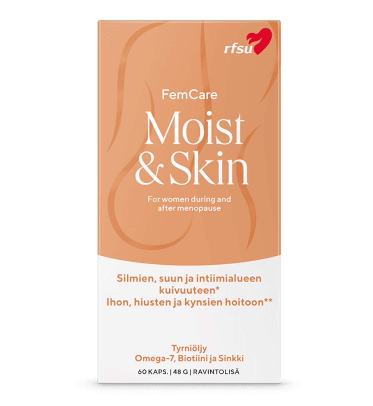 RFSU Moist & Skin: rasia RFSU:n FemCare Moist & Skin -ravintolisää, suomenkielinen teksti, erityisesti kehitetty naisille vaihdevuosien aikana ja jälkeen; pakkaus on suorakulmainen mattapintaista kartonkia oranssein ja valkoisin väripalkein; etiketissä tuotenimi, käyttötiedot ja ainesosaluettelo groteskikirjasimella; ei ihmisiä tai käsiä näkyvissä, neutraali tausta, suoraan edestä otettu tuotekuva.
