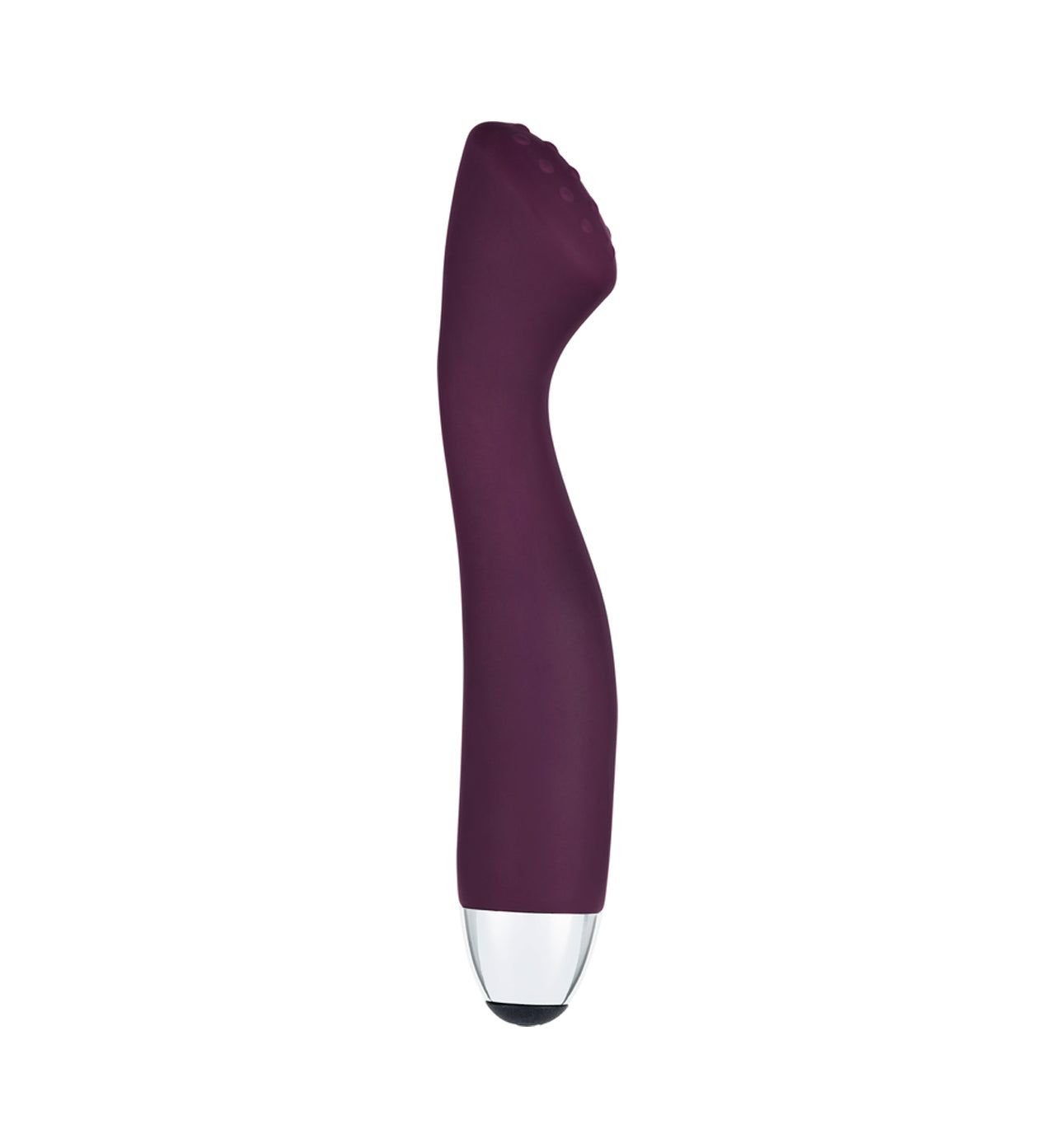 A sleek, purple curved vibrator with a metallic base is showcased against a white background. Product has a smooth surface finish, with the main body in solid purple and the base section in shiny metallic silver. No visible packaging or label text. The image is a centered product-only shot; no people or hands are present.