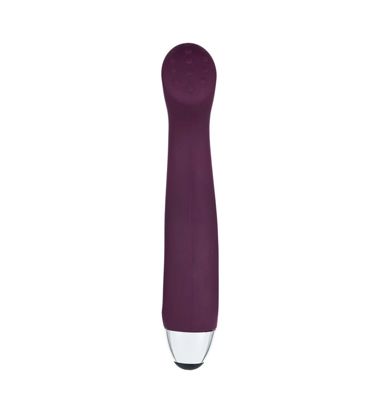 A purple, wand-shaped personal massager with a rounded, textured tip and a silver base is displayed vertically on a white background. The surface appears matte with subtle texture on the tip. No visible packaging or label text. The product is centered in the frame against a plain white setting with no people or hands present.