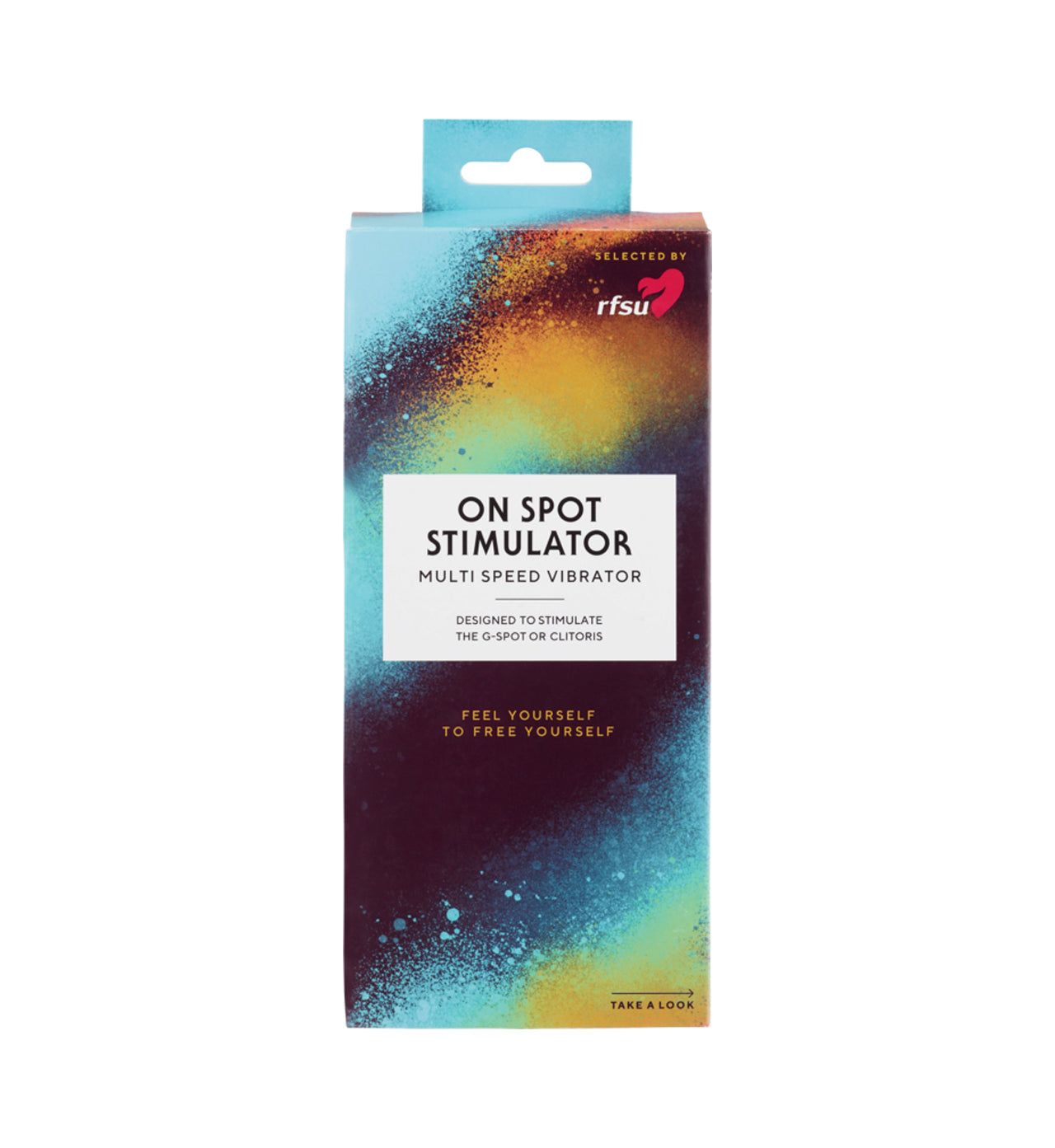 Box of RFSU On Spot Stimulator multi-speed vibrator featuring a colorful abstract design and detailed product information on the front. The box is rectangular, made of glossy cardboard, with visible text in sans-serif font. Main colors are pink, blue, yellow, and white. No people or hands are present. The background is plain and neutral. Product’s name is prominently displayed once.