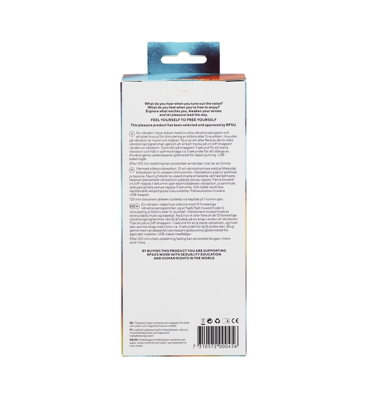 The back of a rectangular product box displays text instructions, product details, and barcodes. The packaging features a shimmery, gradient color design with a glossy finish and a hanging tab at the top. Sans-serif English text is printed in several sizes. The shot is taken against a plain background with no people or hands visible. All text appears in English.