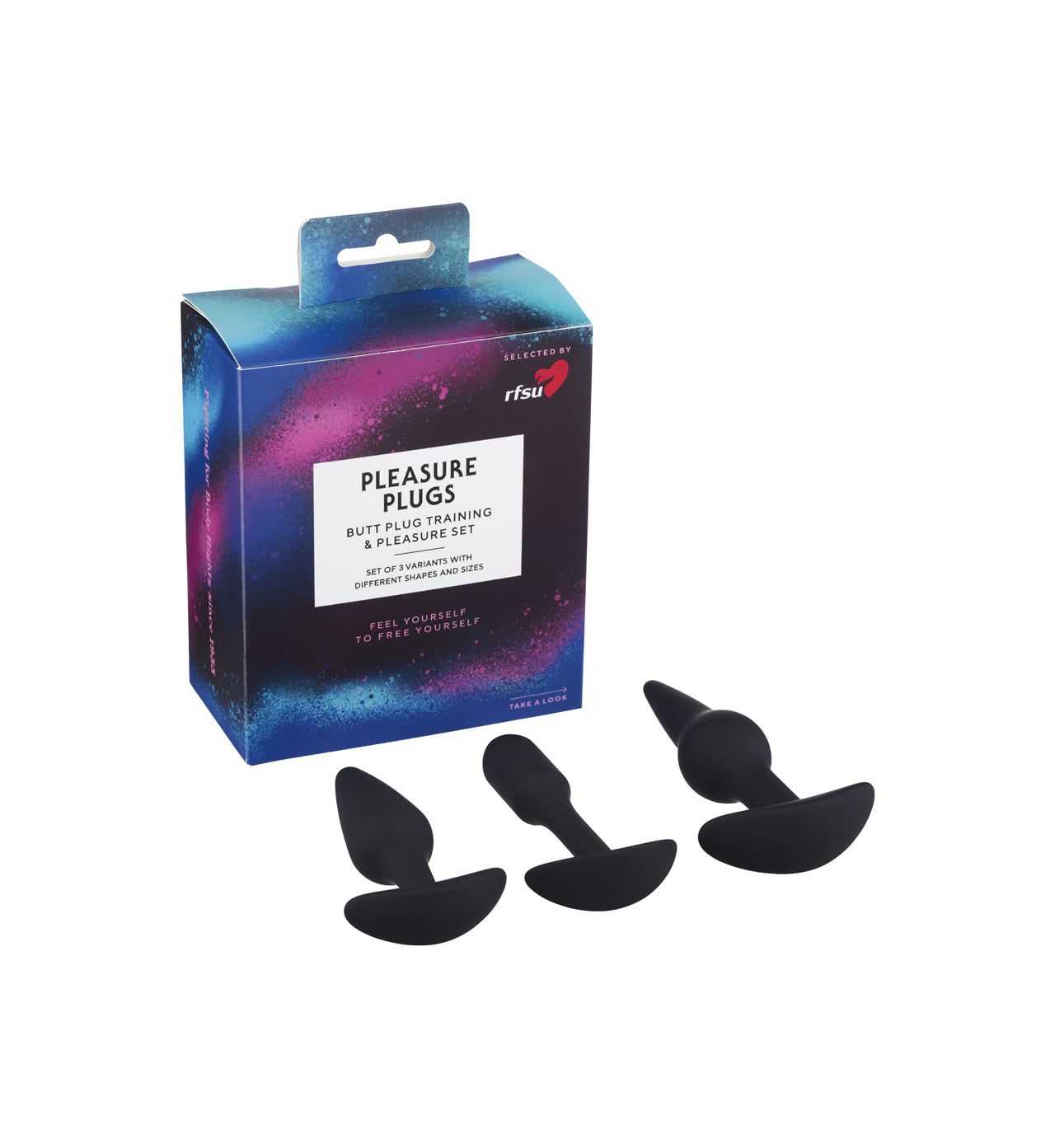 RFSU Pleasure Plugs Anaalitapit; laatikko tekstillä "Pleasure Plugs" yksinkertaisella mustalla groteskitekstillä valkoisella taustalla; edessä kolme sileää mustaa silikonitappia mattapintaisina, kukin eri kokoinen mutta kapenevan muodon ja leveän pyöreän pohjan jakavina; tasainen valaistus, ei ihmisiä tai käsiä.
