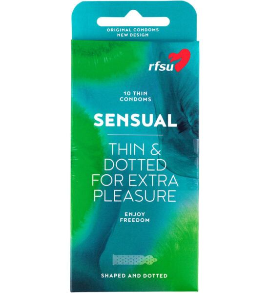 A teal and green box of RFSU Sensual Thin & Dotted condoms for extra pleasure. The package contains 10 thin, textured condoms and features white and teal text. Cardboard packaging with a matte finish, rectangular shape, front-facing product photo on a plain white background. Sans-serif typography in bold and standard weights; no people or actions shown.