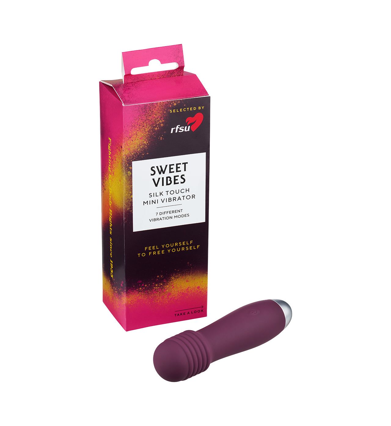 A purple mini vibrator with a smooth, matte finish and rounded shape lies beside a pink and black cardboard product box. The box displays bold white text for the brand “Sweet Vibes” and mentions “Silk Touch Mini Vibrator” as well as “7 vibration modes.” No people or hands are present. Neutral background. A purple mini vibrator lies next to a pink and black Sweet Vibes product box featuring the Silk Touch Mini Vibrator with 7 vibration modes for pleasure.