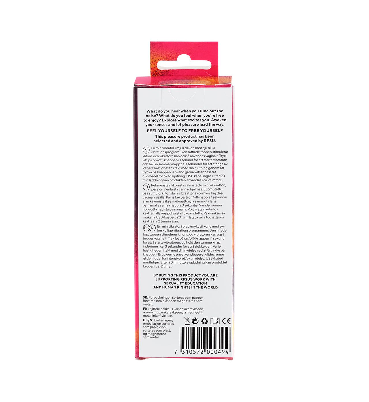 Back of a pink product box with black text, instructions, symbols, and a barcode at the bottom. The text explains product use and highlights support for sexual health and rights. Rectangular matte-finish packaging, upright orientation. Sans-serif font used for all printed details. No people or hands present; image taken against a plain background with even lighting.