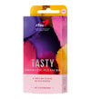 RFSU Tasty Kondomi; värikäs rasia RFSU Tasty Aromatic Pleasure -kondomeja, tekstillä ”A mix of taste sensations”, sisältää 10 kondomia; pakkauksessa abstrakteja kukkakuvioita vaaleanpunaisena, keltaisena, violettina ja vihreänä mattapintaisella suorakaiteen muotoisella rasialla; valkoista groteskitekstiä etusivulla; tausta tasainen valkoinen, ei ihmisiä tai käsiä näkyvissä; studiotuotekuva suoraan edestä.
