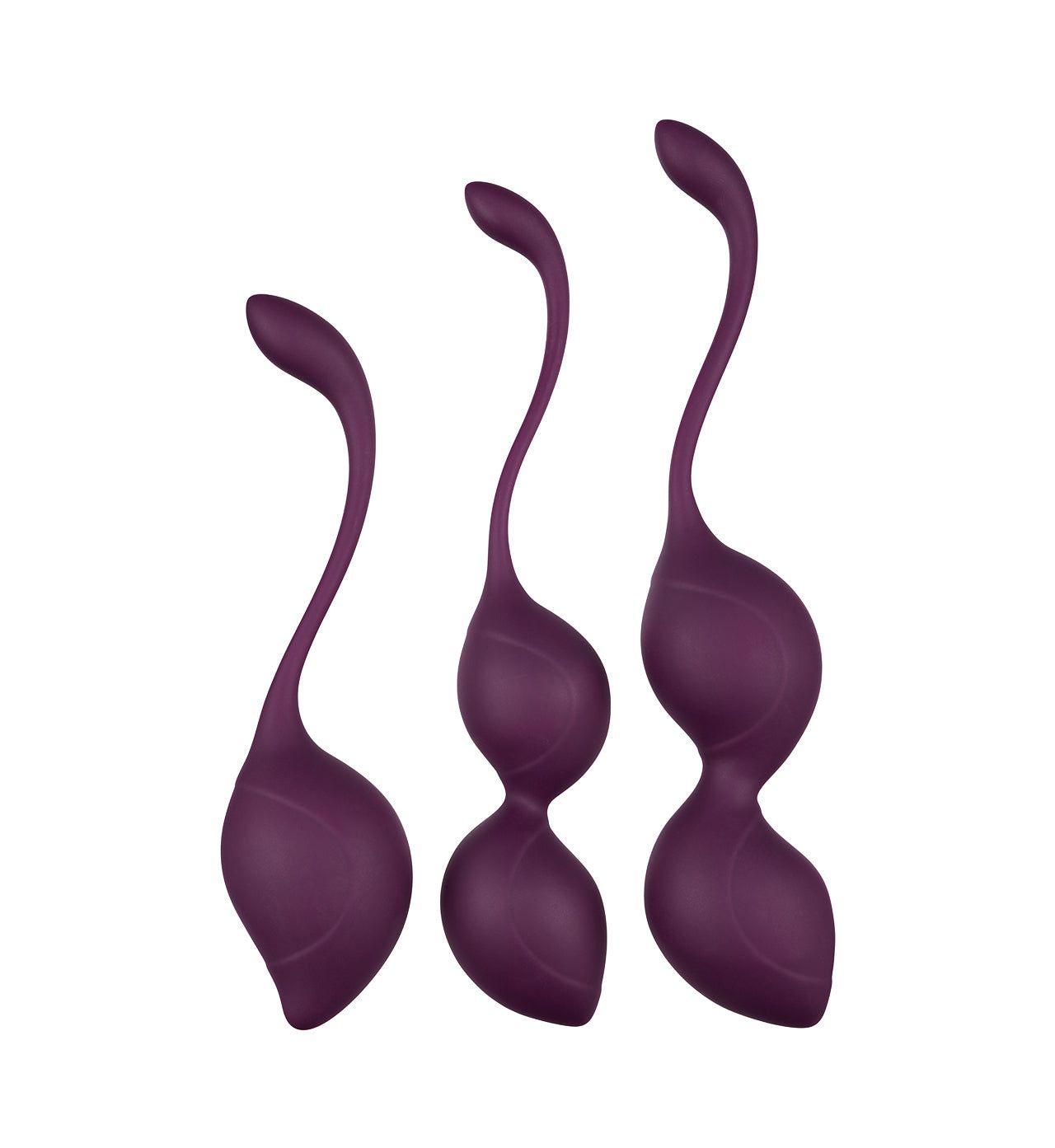 Three purple silicone kegel exercise balls of varying sizes, each with a long, curved retrieval handle, displayed upright against a white background. The silicone has a matte finish. There is no visible packaging or label text. No people or hands are present in the image. The shot is straightforward and product-focused.