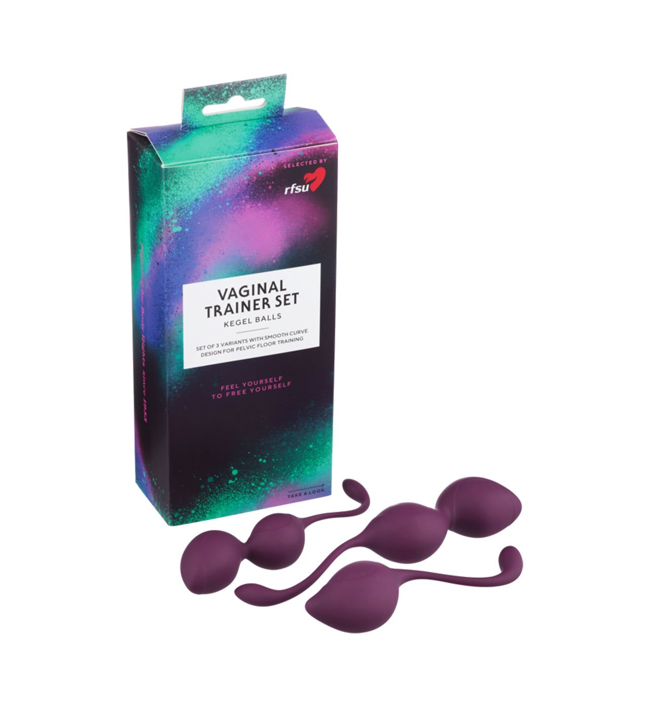 A boxed vaginal trainer set labeled “Kegel Balls” is displayed alongside three purple kegel weights of different sizes, all made from smooth, matte body-safe material. Boxes have bold sans-serif typography. Packaging and weights are shown on a plain white background with even lighting. No people or hands are visible in the shot.