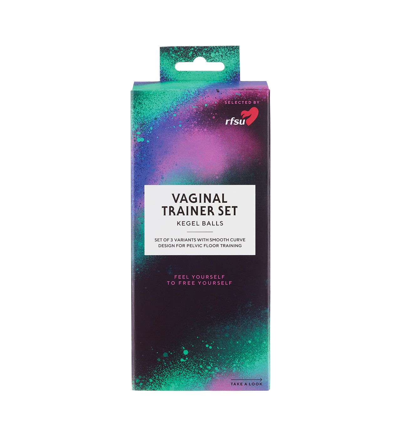 A rectangular box labeled Vaginal Trainer Set Kegel Balls features vibrant green, purple, and pink gradients. Box shape is standard rectangular with a matte finish. The RFSU logo appears in the top right corner. Background is plain; no people or hands visible. Typography is bold and sans-serif for main text, smaller for other information. Shot shows only the front of closed packaging.