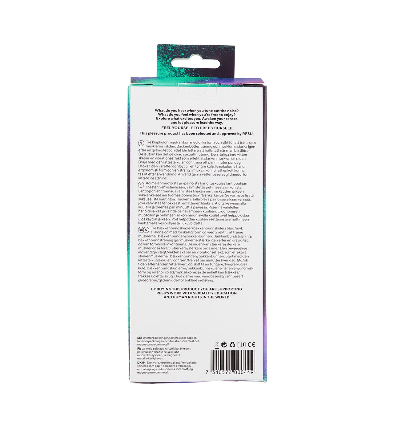 The back of a product box with a white background and teal accents, displaying product information, instructions, and a barcode at the bottom. The text highlights usage, sustainability, social impact, and eco-friendly initiatives.