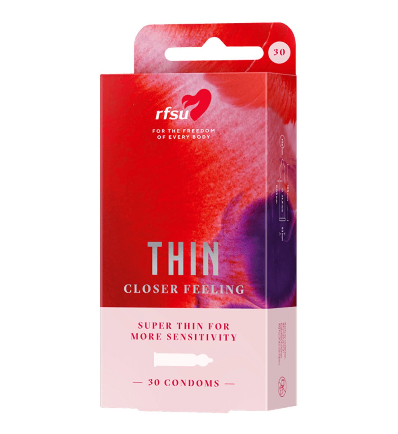 RFSU Thin kondomi -pakkaus, punainen-vaaleanpunainen mattapinta; teksti "Closer Feeling, Super Thin for More Sensitivity", 30 kondomia, RFSU-logo ja tyylitelty huulikuvake