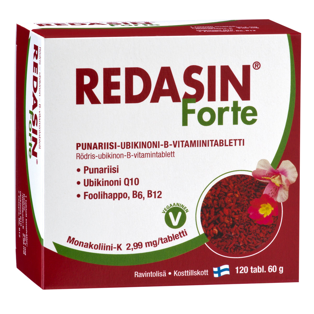 Laatikko Redasin Forte -ravintolisätabletteja suomen- ja ruotsinkielisin tekstein, sisältäen punaista hiivariisiä, koentsyymi Q10:tä ja B-vitamiineja. Pakkaus on suorakulmainen mattapinnalla punaisin, valkoisin ja vihrein värein. Siinä on merkintä 120 tabletista ja vegaanisymboli etupuolella. Kaikki näkyvä teksti on painettu pääteviivattomalla fontilla. Tausta on valkoinen tasaisessa valaistuksessa; ihmisiä tai käsiä ei näy kuvassa.