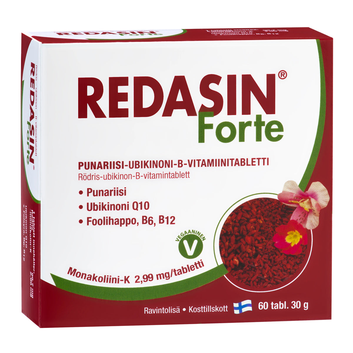 Laatikko REDASIN Forte -ravintolisätabletteja, joissa on tekstiä suomeksi, ruotsiksi ja englanniksi, kuvia punaisesta riisistä ja kuvakkeita korostamassa vegaanista koostumusta. Suorakulmainen laatikko on mattapintainen pääosin valkoisella taustalla ja syvänpunaisin yksityiskohdin. Selkeää pääteviivatonta typografiaa käytetään brändinimelle ja tuotetiedoille. Ihmisiä tai käsiä ei näy. Tuote on kuvattu tasaisella pinnalla neutraalissa valaistuksessa edestä hieman viistoon.