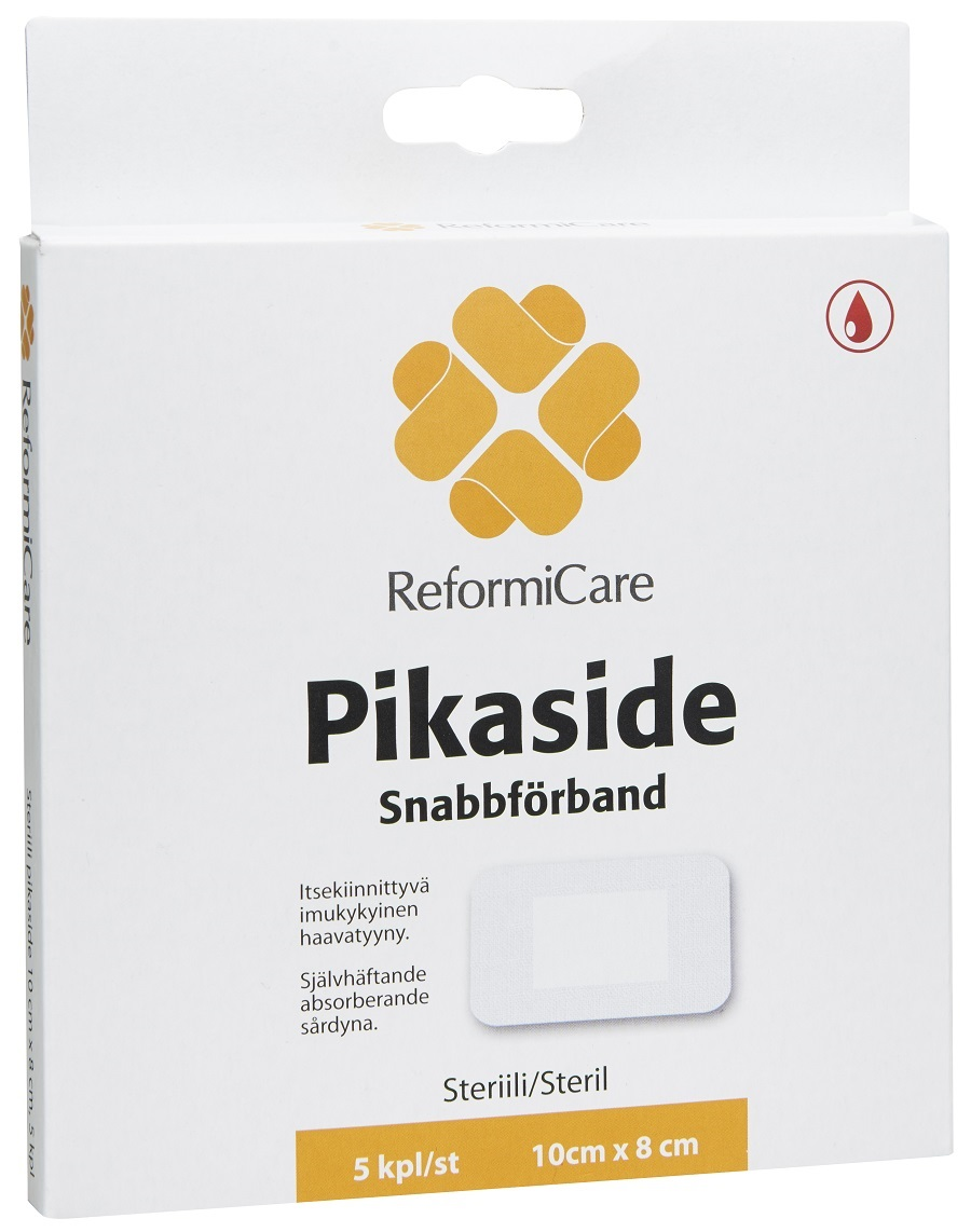ReformiCare Pikaside; valkoinen rasia ReformiCare Pikaside -haavasidoksia, keltainen logo, tuotenimi lihavoiduin kirjaimin ja tietoa suomeksi ja ruotsiksi; suorakaiteen muotoinen rasia mattapinnalla; etikettitekstissä mainittu koko, steriiliys, imukyky ja steriili pakkaus; tuote kuvattu tasaisella taustalla, ei ihmisiä tai käsiä näkyvissä.