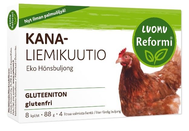Reformi Luomu Kanaliemikuutiot -pakkaus, vihreä-keltainen suorakaiteen muotoinen rasia kanakuvituksella; teksti suomeksi ja ruotsiksi, gluteeniton, luomu
