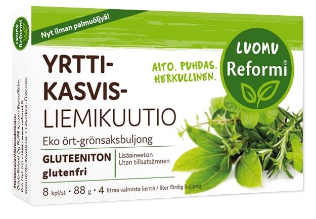 Reformi Luomu Kasvisliemikuutio Yrtti -pakkaus, vihreä-valkoinen mattapintainen rasia, kuvia vihreistä yrteistä; teksti gluteenittomuudesta, luomusta ja lisäaineettomuudesta