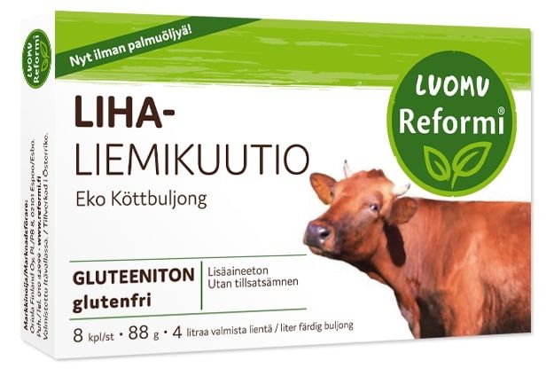 Reformi Luomu Lihaliemikuutiot -pakkaus, vihreä suorakaiteen muotoinen rasia lehmäkuvituksella; teksti suomeksi ja ruotsiksi, luomu