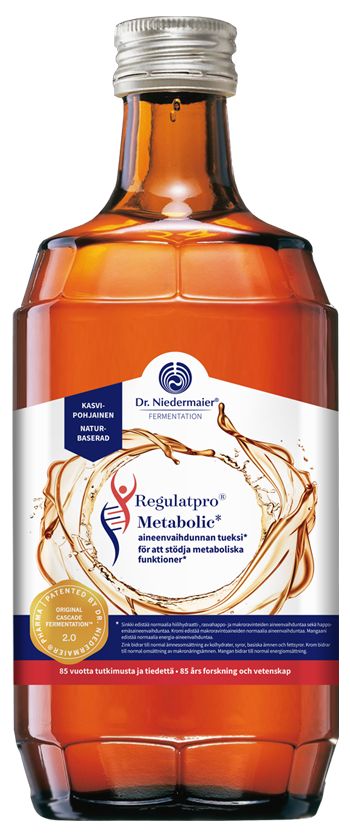 Regulatpro Metabolic -pullo, ruskea lasi, suomenkielinen teksti, oranssi pyörrekuvio ja pyöreä sinis-punainen logo; kiiltäväpintainen, valkoinen korkki