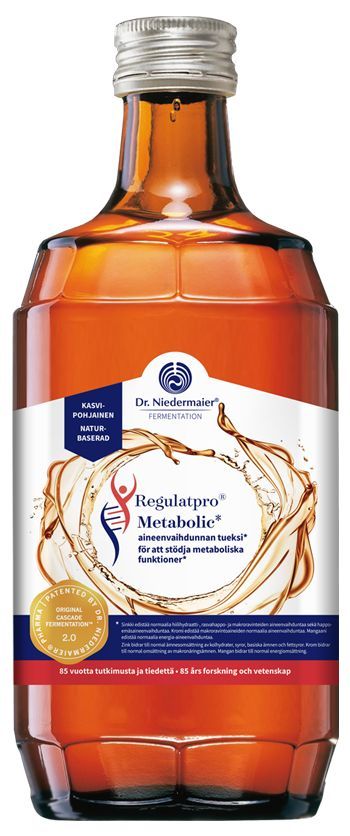 Regulatpro Metabolic -pullo, ruskea lasi, suomenkielinen teksti, oranssi pyörrekuvio ja pyöreä sinis-punainen logo; kiiltäväpintainen, valkoinen korkki