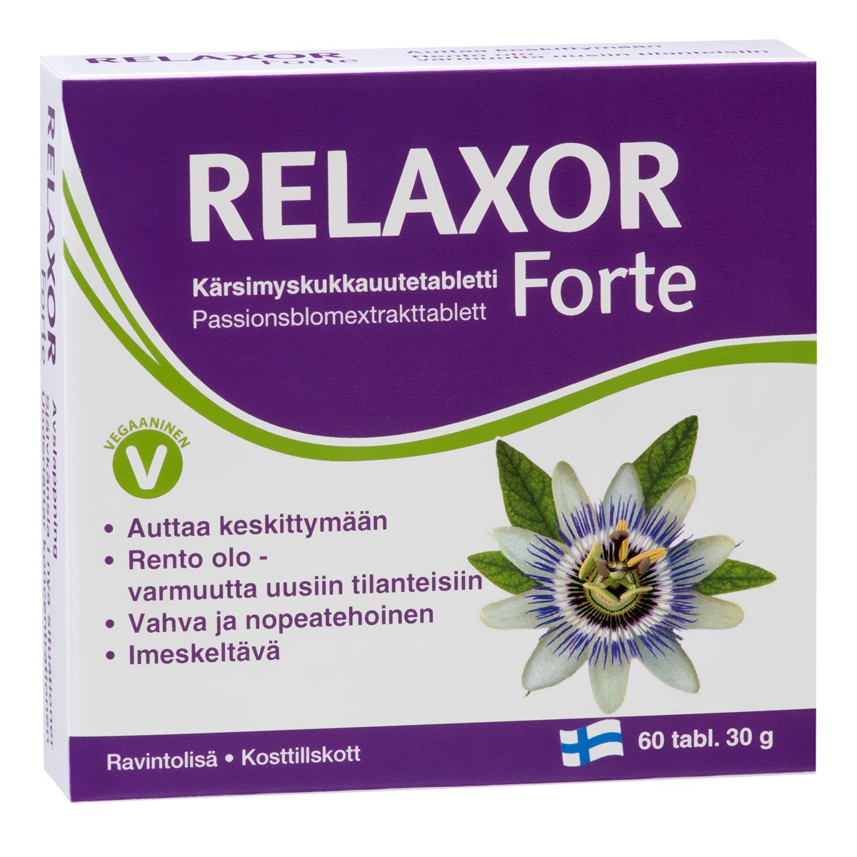 Relaxor Forte -tablettipakkaus; etiketissä kuva kärhökukasta, vegaanimerkintä ja Suomen lippu; suomenkielinen teksti mainitsee keskittymisen, rentoutumisen ja nopean vaikutuksen; suorakulmainen, mattapintainen pakkaus pääosin violetin ja valkoisen sävyissä vihreillä yksityiskohdilla; teksti tekstausvapaalla kirjasimella; kuvattu yksiväristä taustaa vasten, ei ihmisiä tai käsiä näkyvissä.