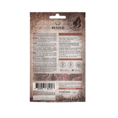 Renjer Nordic kuivattu saksanhirvi chili-lime; pussin takasivu rustiikkisella taustalla, jossa ainesosat, ravintosisältötiedot, viivakoodi ja kierrätysmerkinnät; alaosassa sosiaalisen median tunnukset ja verkko-osoite.