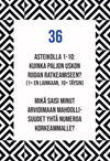 A Finnish text card featuring a geometric black and white border. Centered sans-serif text reads: 36. Asteikolla 1-10: Kuinka paljon uskon riidan ratkeamiseen? Mikä saisi minut arvioimaan mahdollisuudet yhtä numeroa korkeammalle? The card is rectangular, flat, with a matte finish, and photographed on a plain background without visible packaging or hands. Geometric patterns enhance the visual appeal of the card.