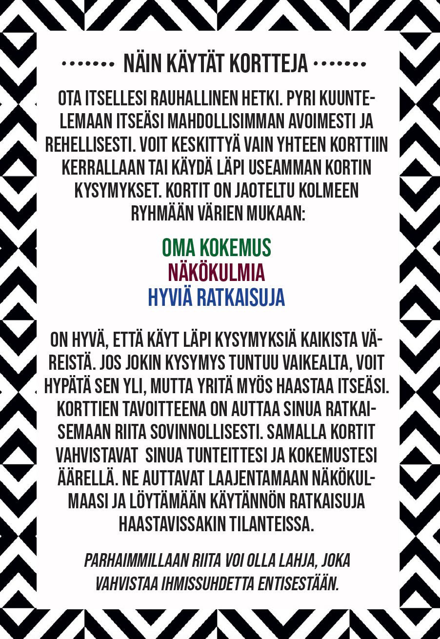 Card deck product shown with rectangular cards sorted into green and blue groups; cards display Finnish text in bold black type, explaining how to use them for sharing experiences, perspectives, and solutions. Matte finish and geometric border visible. Instructions on calm reflection and openness are included. Flat lay style shot, plain background. No people or hands present.