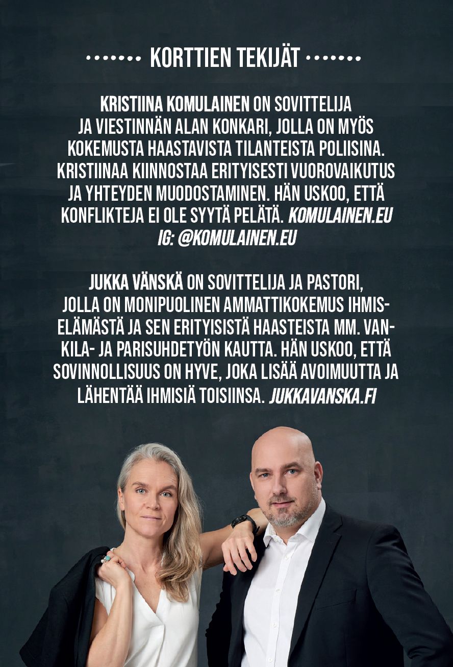 A photo of Kristiina Komulainen and Jukka Vänskä with text describing them as mediators. Kristiina is a communications expert and former police officer, while Jukka is a pastor experienced in prison and relationship work. Visit komulainen.eu or jukkavanska.fi for more information. Both are shown in a medium shot against a plain background; visible text uses sans-serif font.