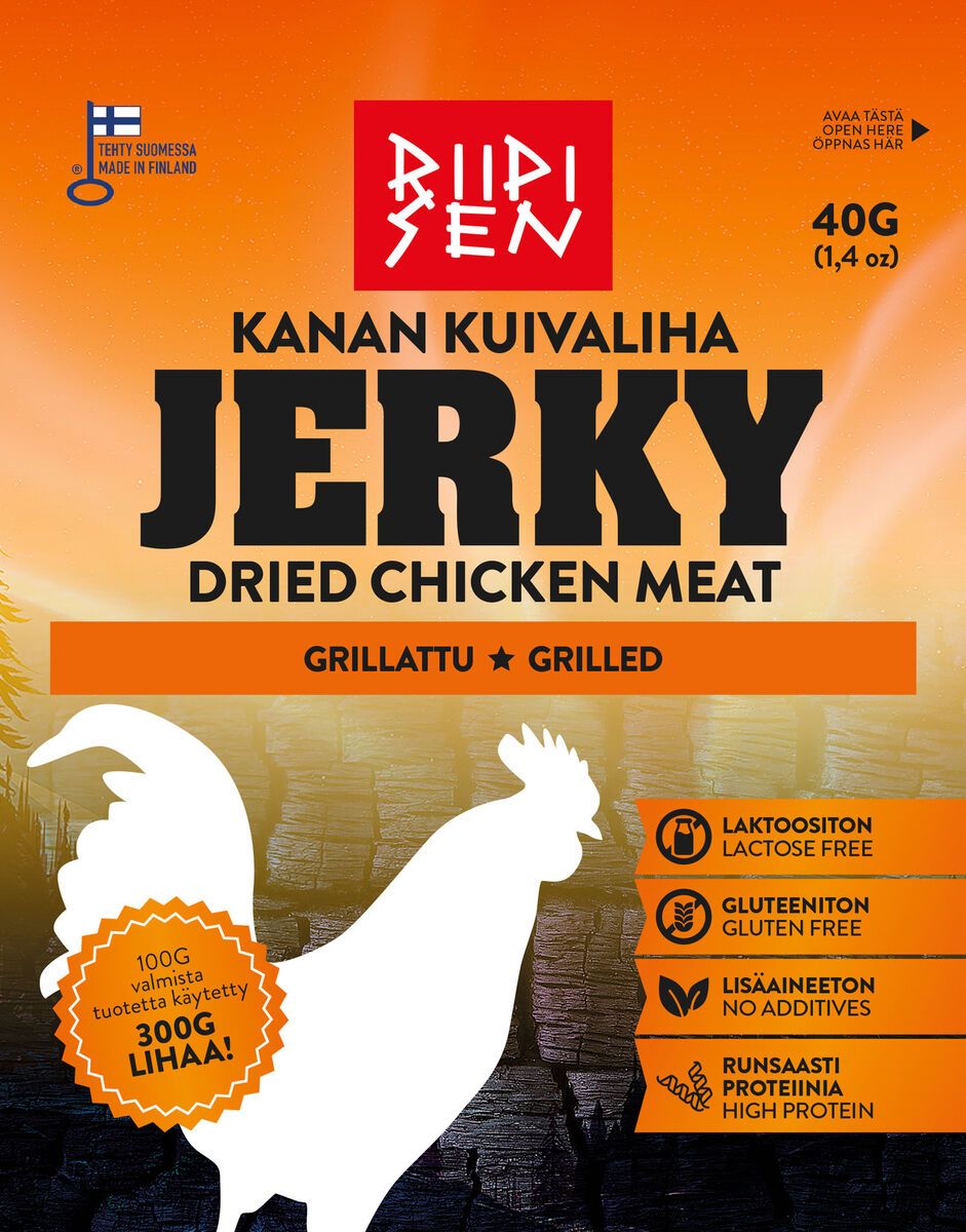 A package of Riipisen grilled dried chicken jerky with vibrant orange and yellow colors, a flying bird silhouette, and text highlighting the product’s high protein and gluten-free qualities. The packaging is flexible plastic with a matte finish, rectangular shape, bold sans-serif typography for main product information, additional smaller text below. Background is plain white. No people or hands in the image.