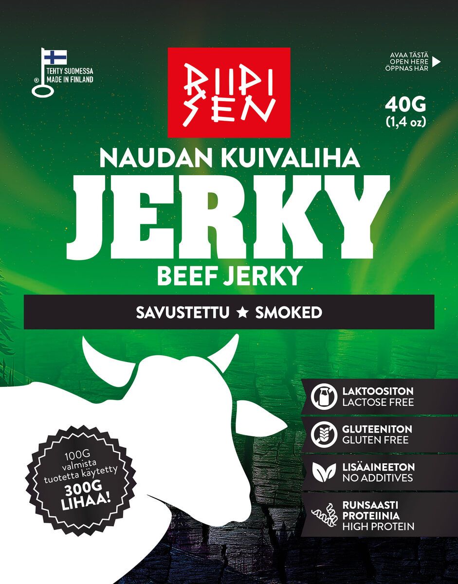 Package of Riipisen Naudan Kuivaliha Beef Jerky, smoked flavor. Rectangular pouch with green and black color blocks, matte finish. Finnish text and icons indicating gluten-free, no additives, lactose-free, high protein. Label shows weight as 40g and origin as Finland. Simple sans-serif font for main product text. No people or hands present; package photographed against a plain background in a studio shot.